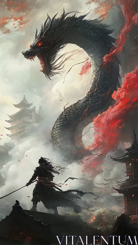 Samurai confronting colossal storm dragon over temples.