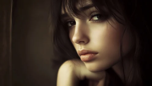 Soft-lit portrait of pensive young woman in close focus.