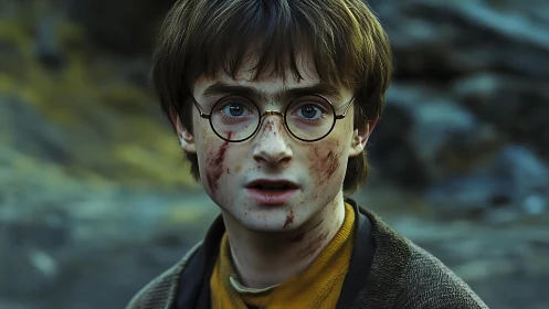 Battle-worn boy in glasses rendered with dramatic photorealism