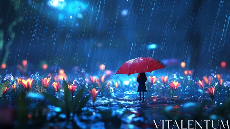 Figure with red umbrella stands in glowing flower rain scene