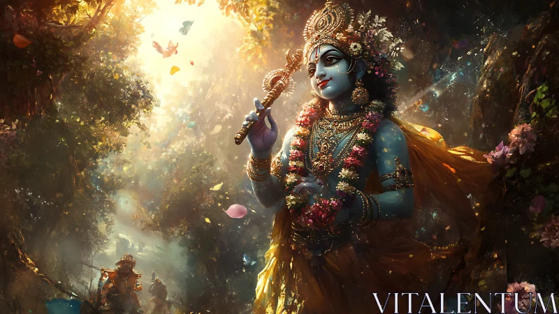 Ornate blue deity plays flute amid volumetric forest light shafts