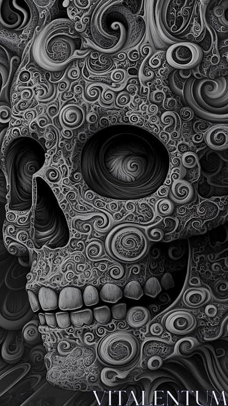 Intricate monochrome skull formed from swirling fractals.