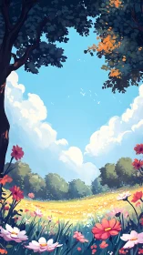 Tree-framed meadow landscape under clear midday sky.