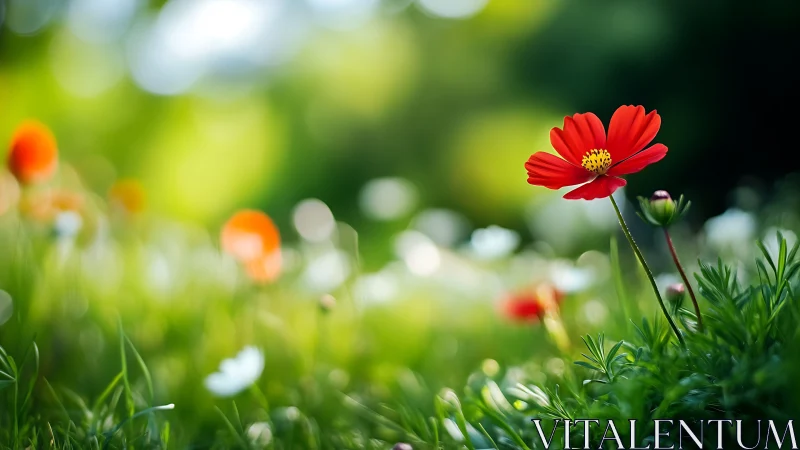 Red Cosmos Flower in Shallow Focus Garden Setting