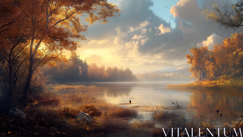 Autumn lake landscape with trees, distant hills and clouds.