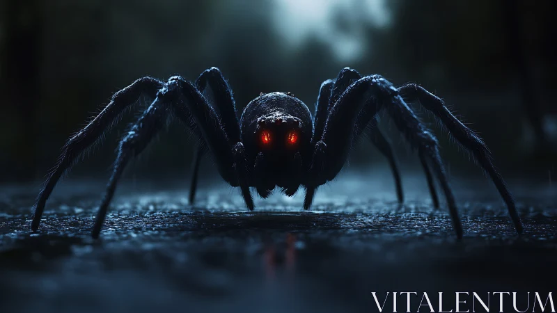 Giant spider with glowing red eyes stalks a rainy street.