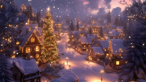 Snowy village glows with festive Christmas lights at dusk.