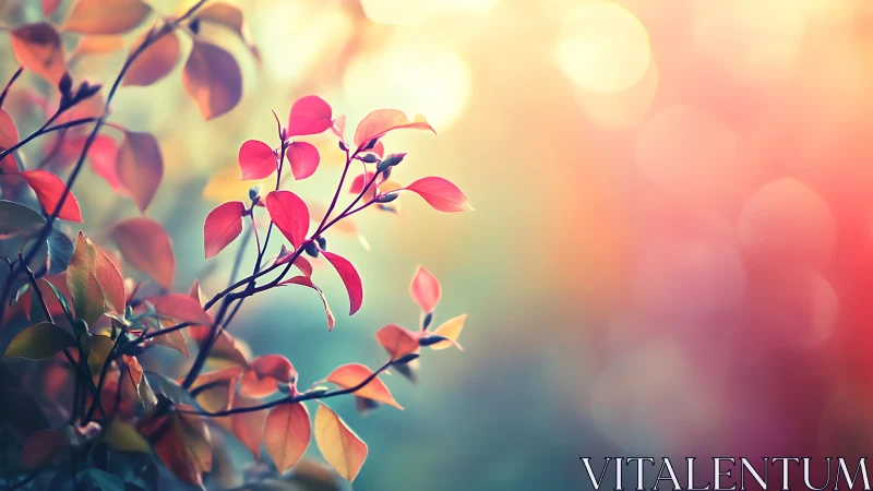 Red leaves glow against dreamy pastel bokeh background.