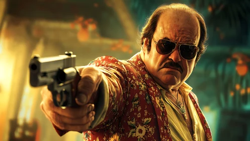 Middle aged man aiming handgun in tropical interior setting.