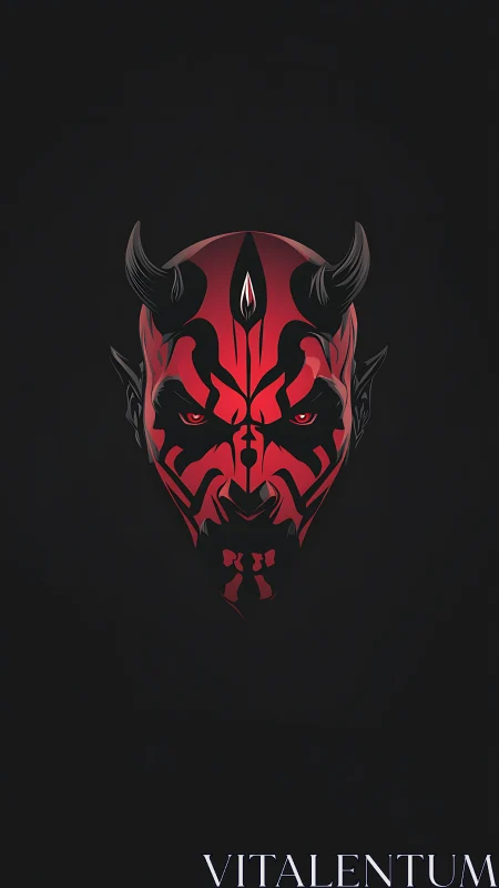 Horned red demonic mask icon centered on black field.