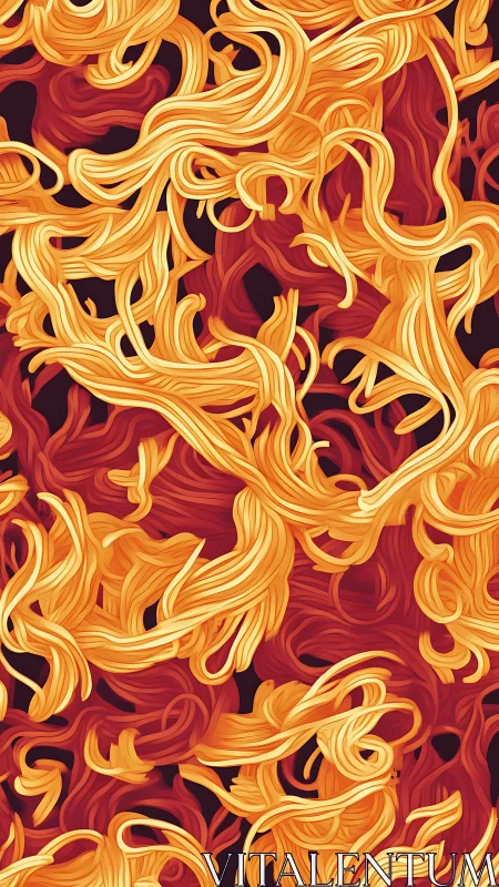 Swirling Golden Noodles Against Dark Red Backdrop