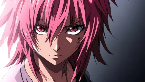 Intense pink haired anime warrior rendered with hard cel shading