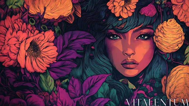 Vivid floral portrait framing intense female gaze in bloom.