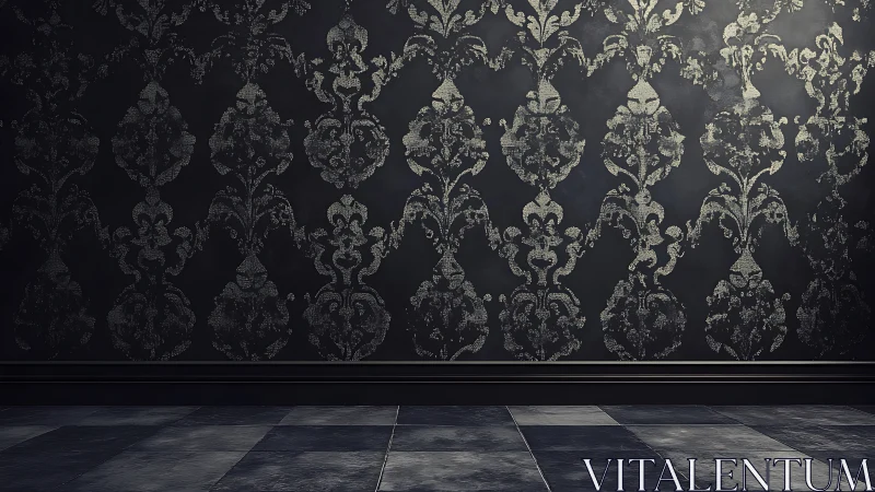 Dark damask wall and tiled floor show high-contrast surface textures