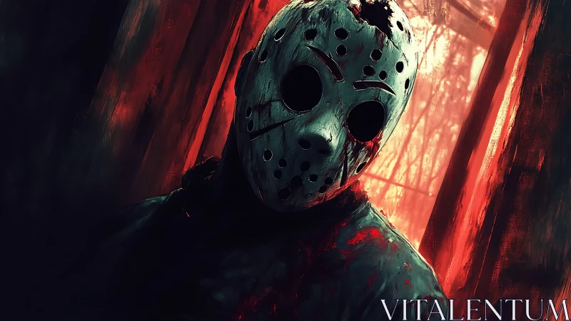 Masked figure in dim interior with red backlit curtains.