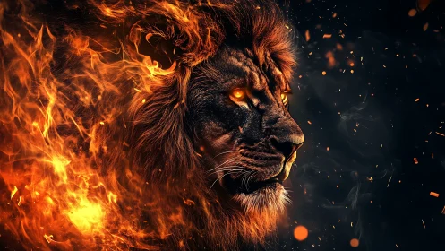 Lion of embers emerging through swirling inferno flames.
