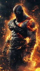 Flaming warrior titan in molten armor amidst swirling embers.