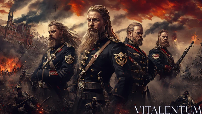 Four uniformed officers stand amid burning urban battlefield