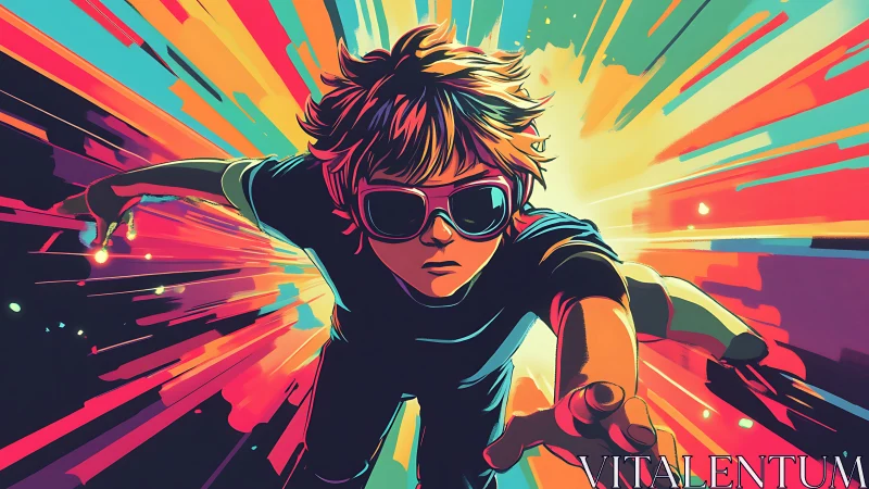 Speeding youth in neon motion burst digital artwork.