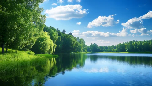 Calm forest lake under bright blue sky with clouds.