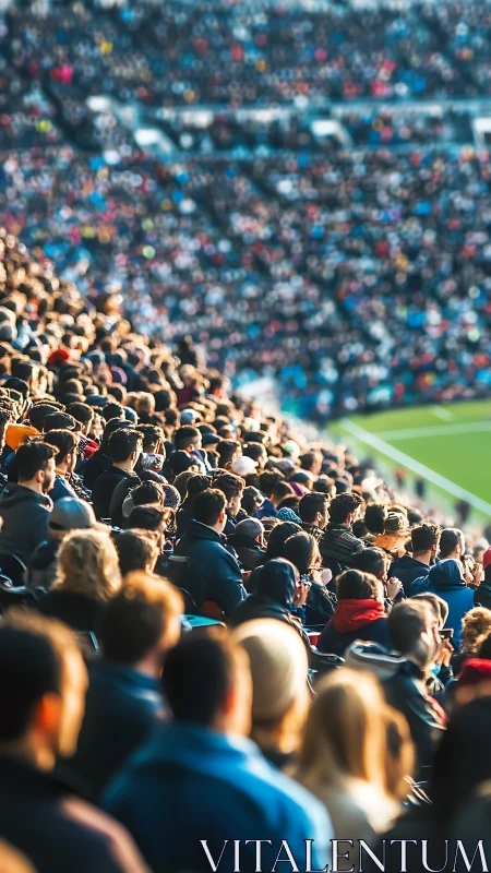 Sunlit football stadium crowd fills steep stands