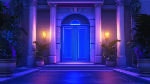 Midnight blue doorway glowing with cozy lantern light.