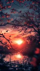 Fiery sunset glows over tranquil lake framed by blossoms