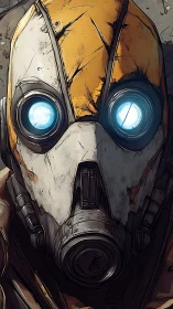 Cel-shaded respirator automaton with luminous optic lenses.