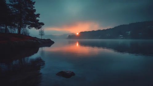 Moody lake sunrise glows through mist over still water