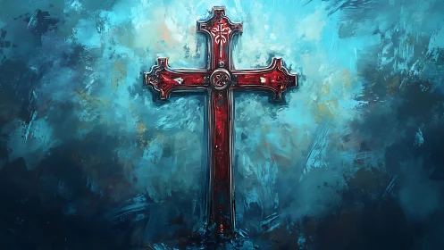 Red ornamental cross on textured blue abstract background.