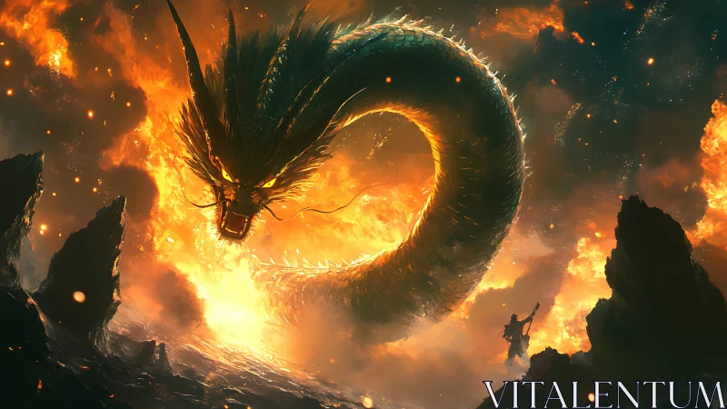 Colossal serpentine dragon in volcanic inferno confronting warrior