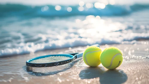 Tennis racket and balls rest on wet shoreline in soft bokeh light