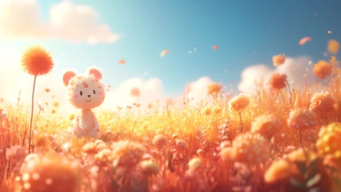 Fluffy cartoon creature in sunlit orange flower meadow at dawn