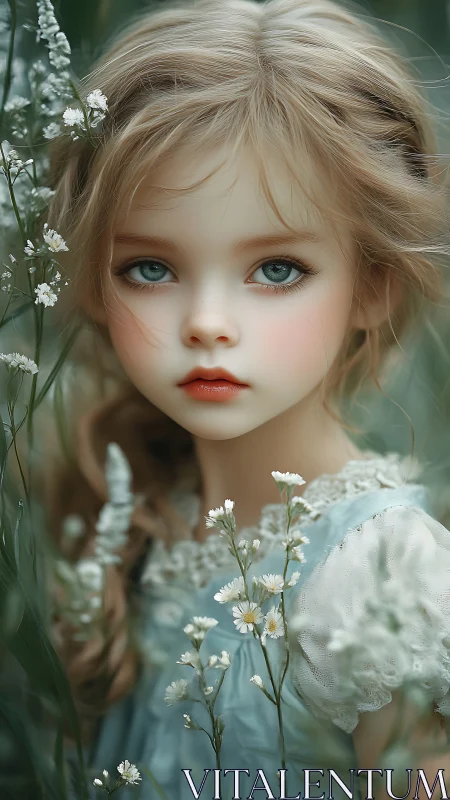 Porcelain child portrait amid soft wildflower meadow.