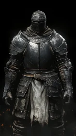 Steel-clad dark knight standing in worn, battle-scarred armor.