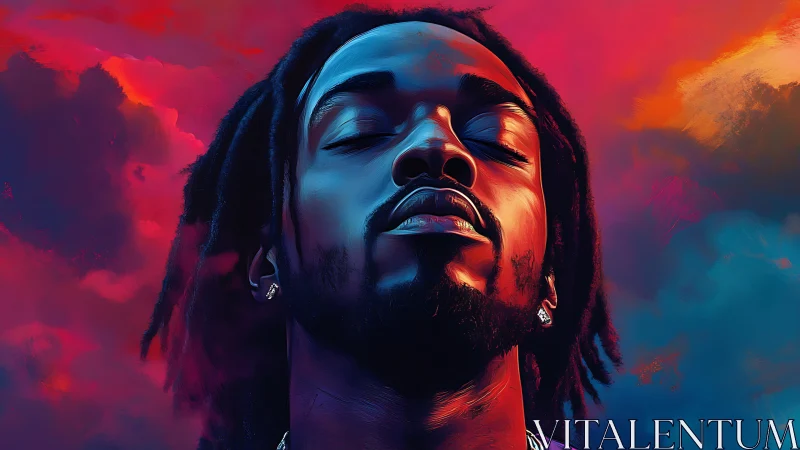 Soul-lit portrait adrift in neon twilight stormclouds.