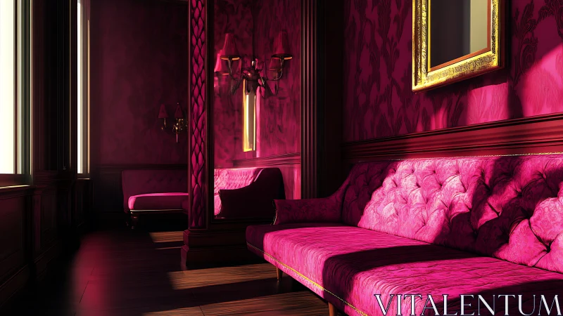 Sunlit magenta lounge with tufted seating and high contrast lighting