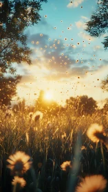 Golden-hour wildflower meadow with backlit seed silhouettes.