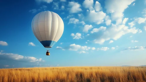 Gentle hot air balloon drifting over golden field skies.