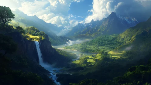 Digital painting of luminous waterfall valley and alpine range.