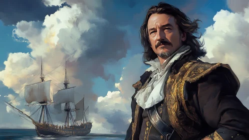 Naval officer portrait with sailing ship under clouded sky.