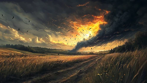 Storm cloud funnel over rural field at fiery sunset.