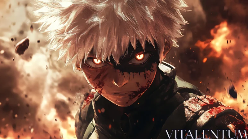 Battle-scarred anime warrior amid explosive ember storm.