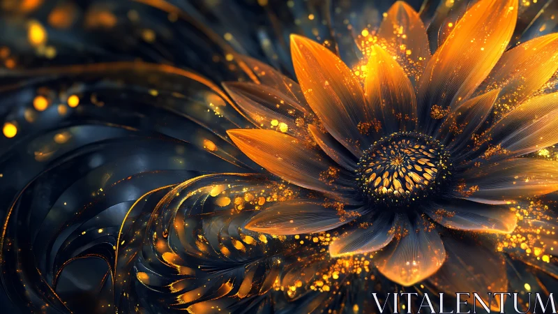Glowing abstract flower with golden fractal light detail.