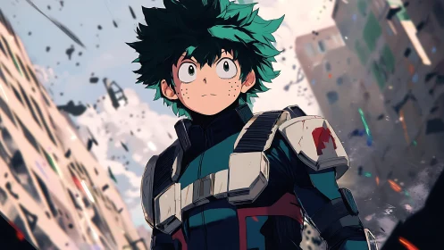 Hopeful young hero stands tall amid swirling city chaos.