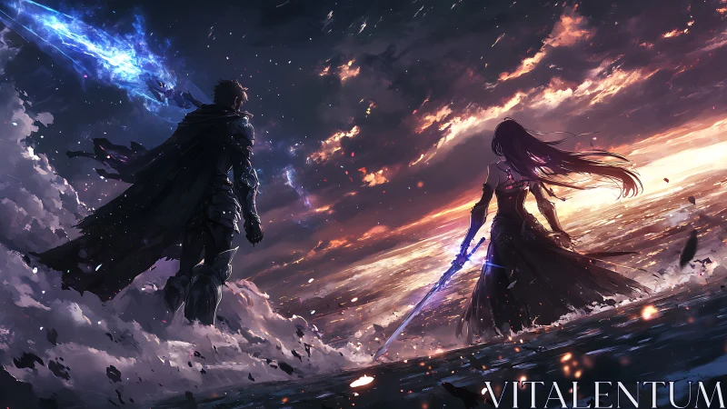 Two armed figures face off amid stormy sky and glowing sea