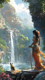 Mystical woman and cat behold a lush waterfall sanctuary.