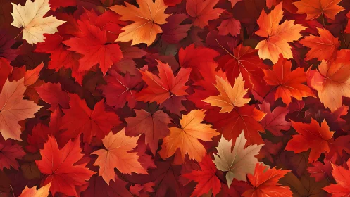 Autumn maple leaves form dense red and orange seasonal carpet