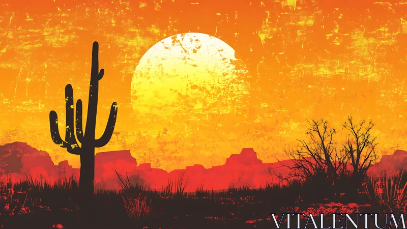 Fiery desert sunset silhouettes bold cactus and stark brushland