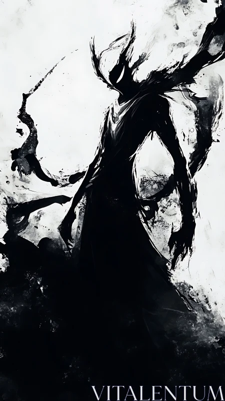 Shadow wraith rises through swirling monochrome ink storm.